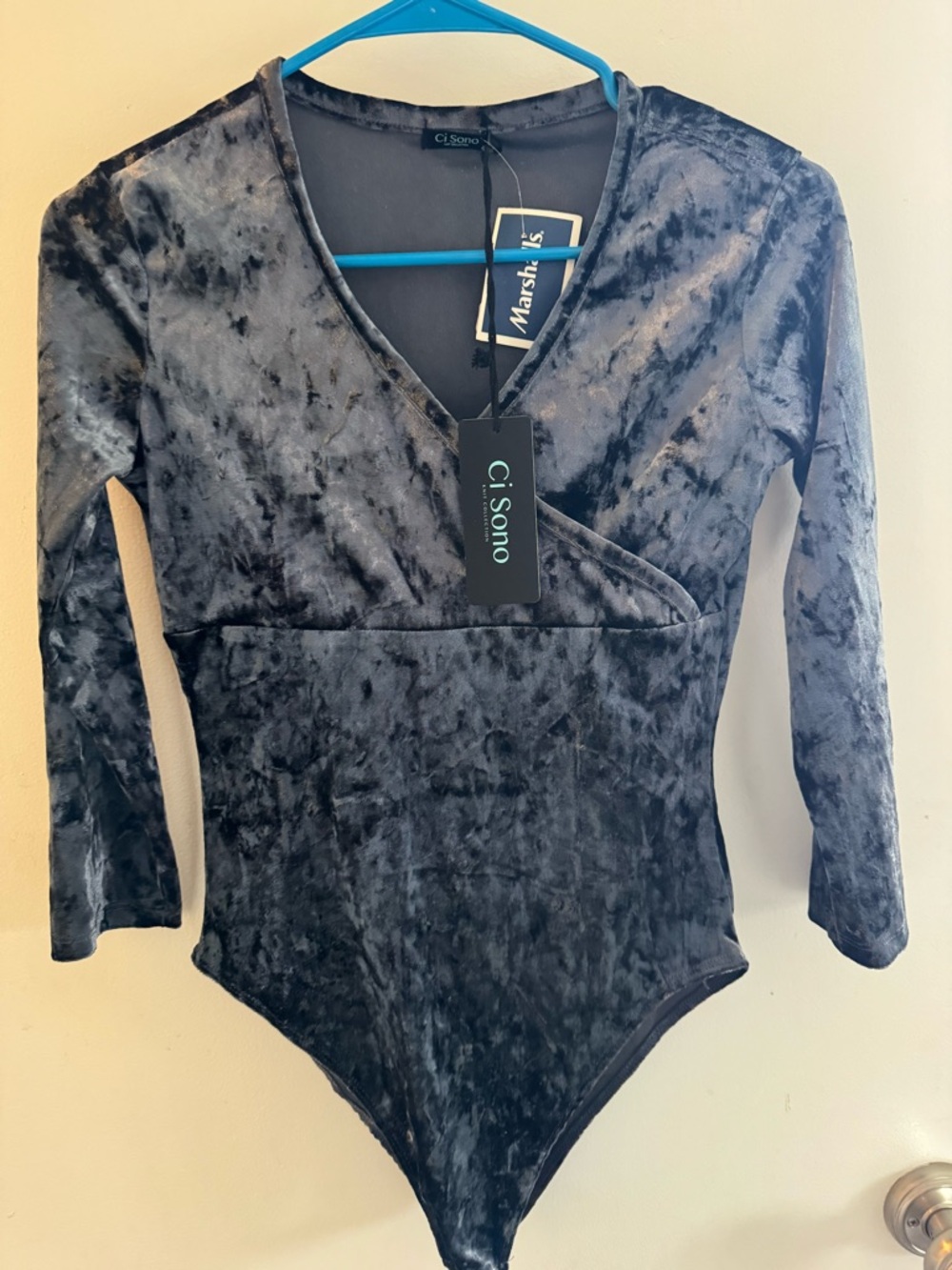 Ladies blue/grey velvet bodysuit - small